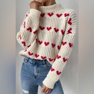 SHEIN Cream and Red Heart Knit Sweater